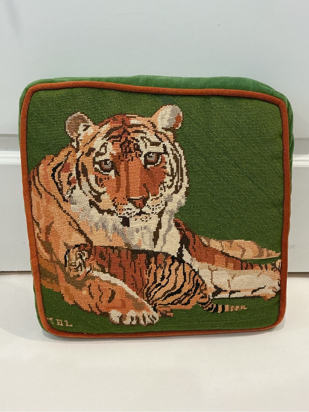 Vintage Tiger and Cub Handmade Needlepoint Pillow